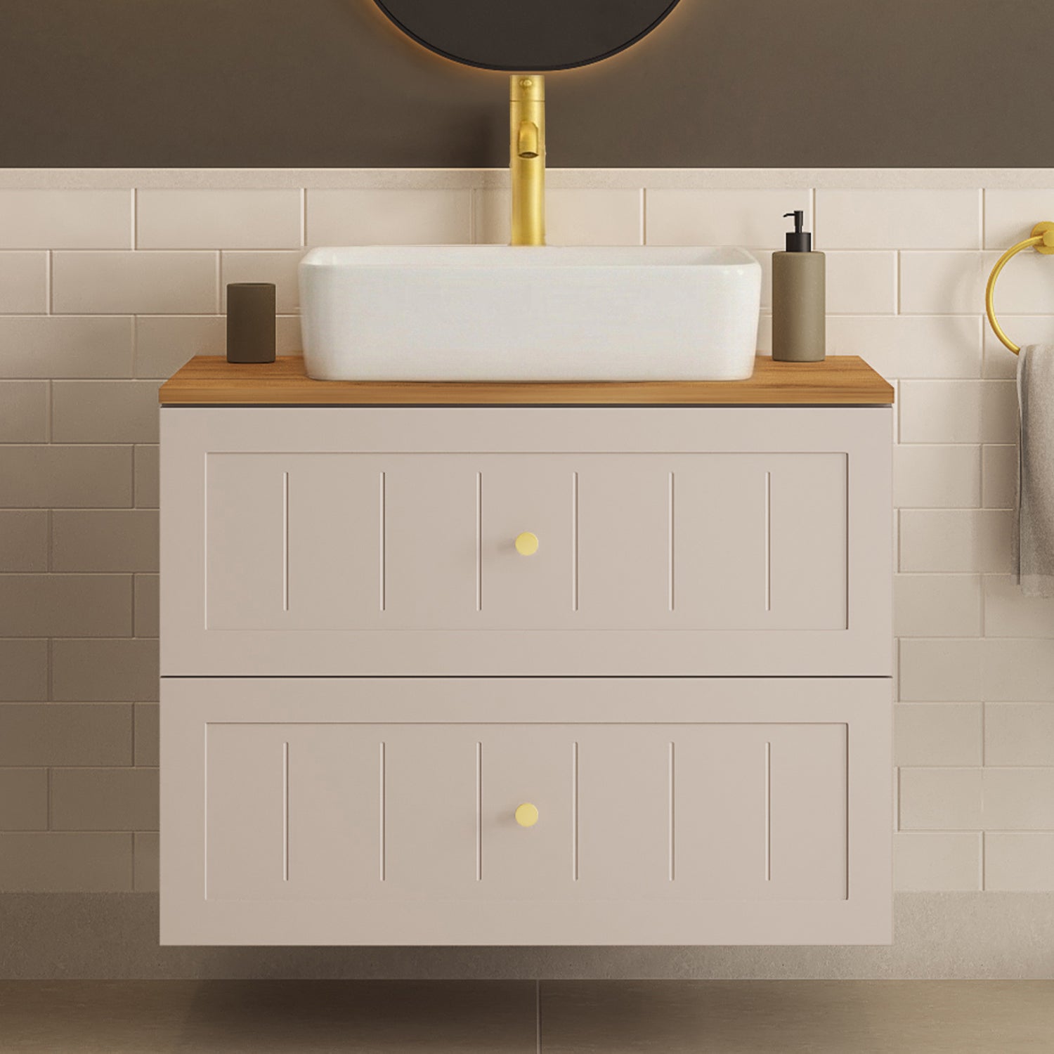 Gusto Scandi Style 2 Drawer Wall Cabinet Vanity Unit 80cm with Worktop Basin - Cashmere