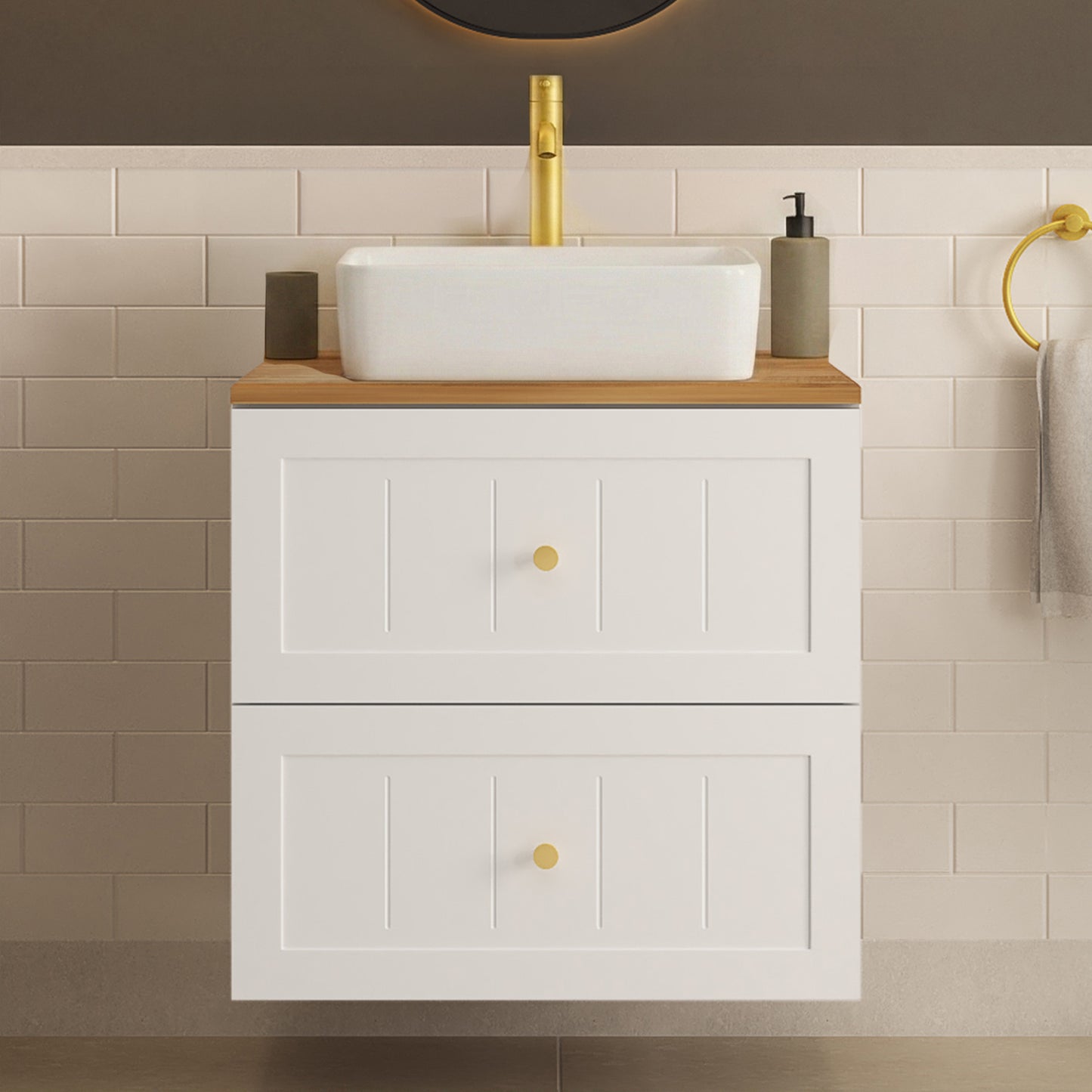 Gusto Scandi Style 2 Drawer Wall Cabinet Vanity Unit 60cm with Worktop Basin - White