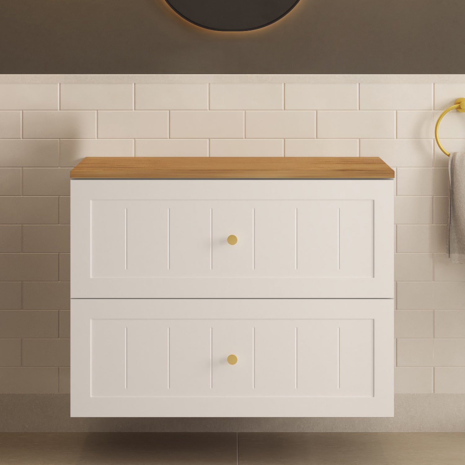 Gusto Scandi Style 2 Drawer Wall Cabinet Vanity Unit with Worktop 80cm - White