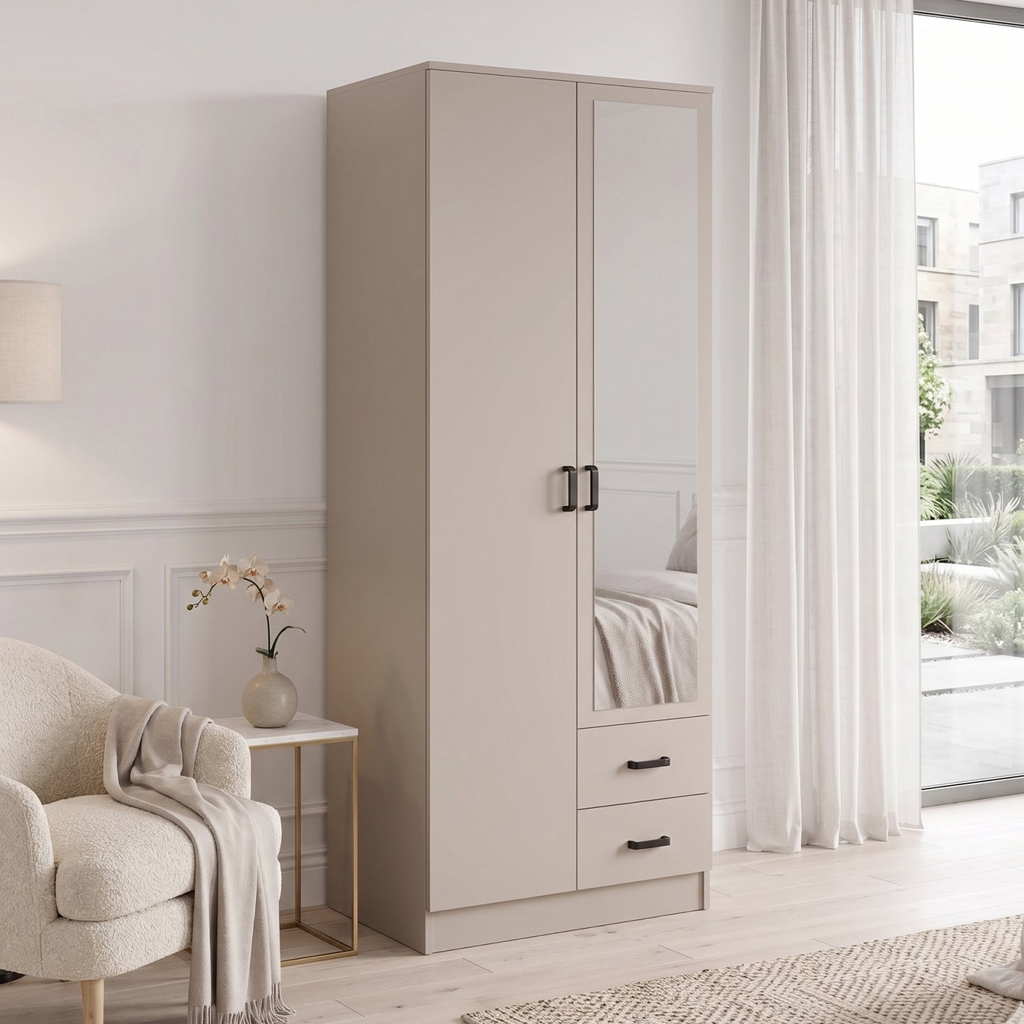 Tilly 2 Door Minimalist Style Mirrored Wardrobe with Drawers 80cm - Cashmere