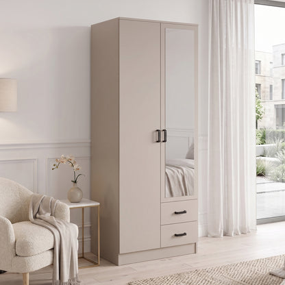 Tilly 2 Door Minimalist Style Mirrored Wardrobe with Drawers 80cm - Cashmere