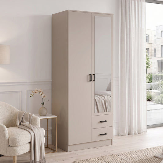 Tilly 2 Door Minimalist Style Mirrored Wardrobe with Drawers 80cm - Cashmere