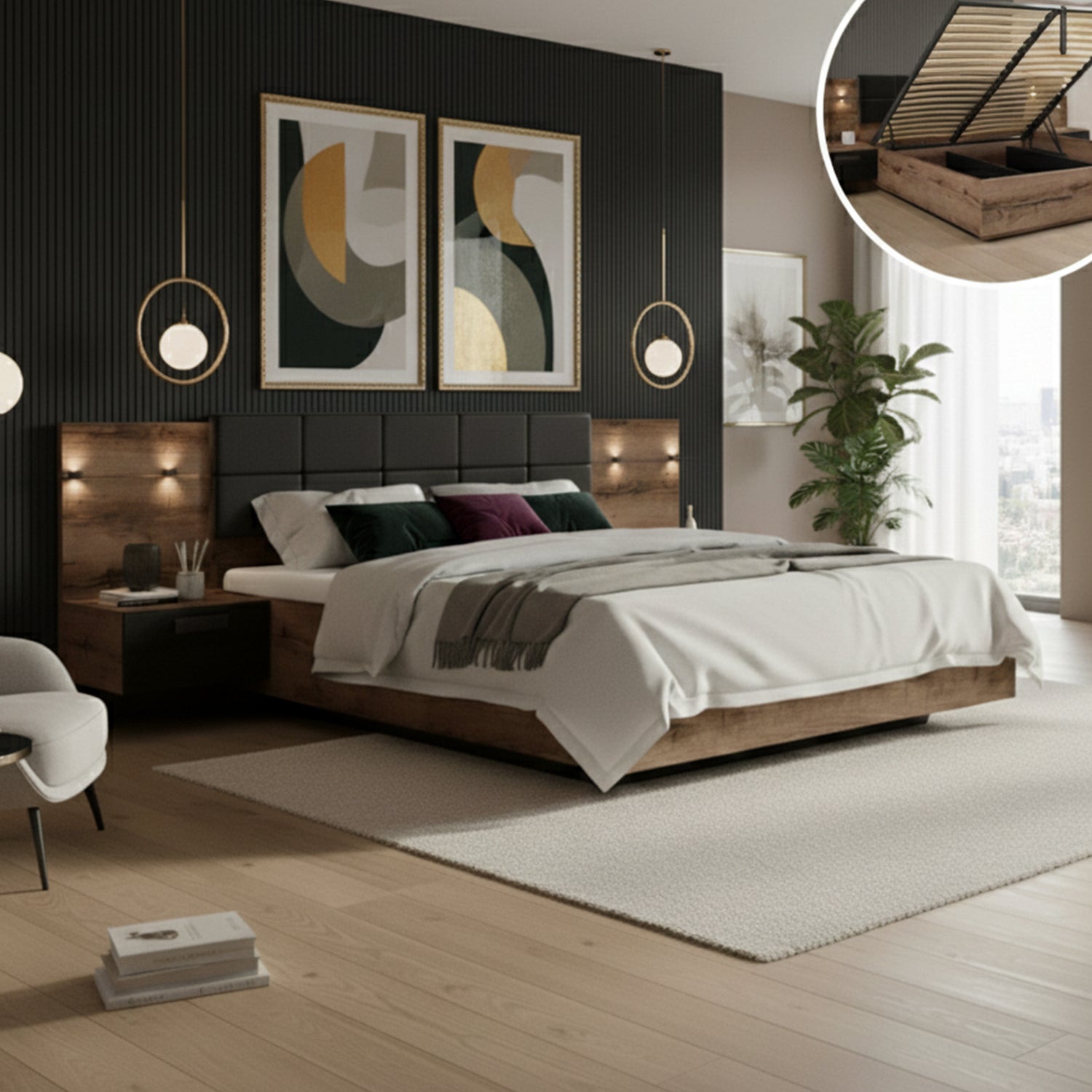 Kassel Super King Size Ottoman Storage Bed with Bedside Tables 180/B