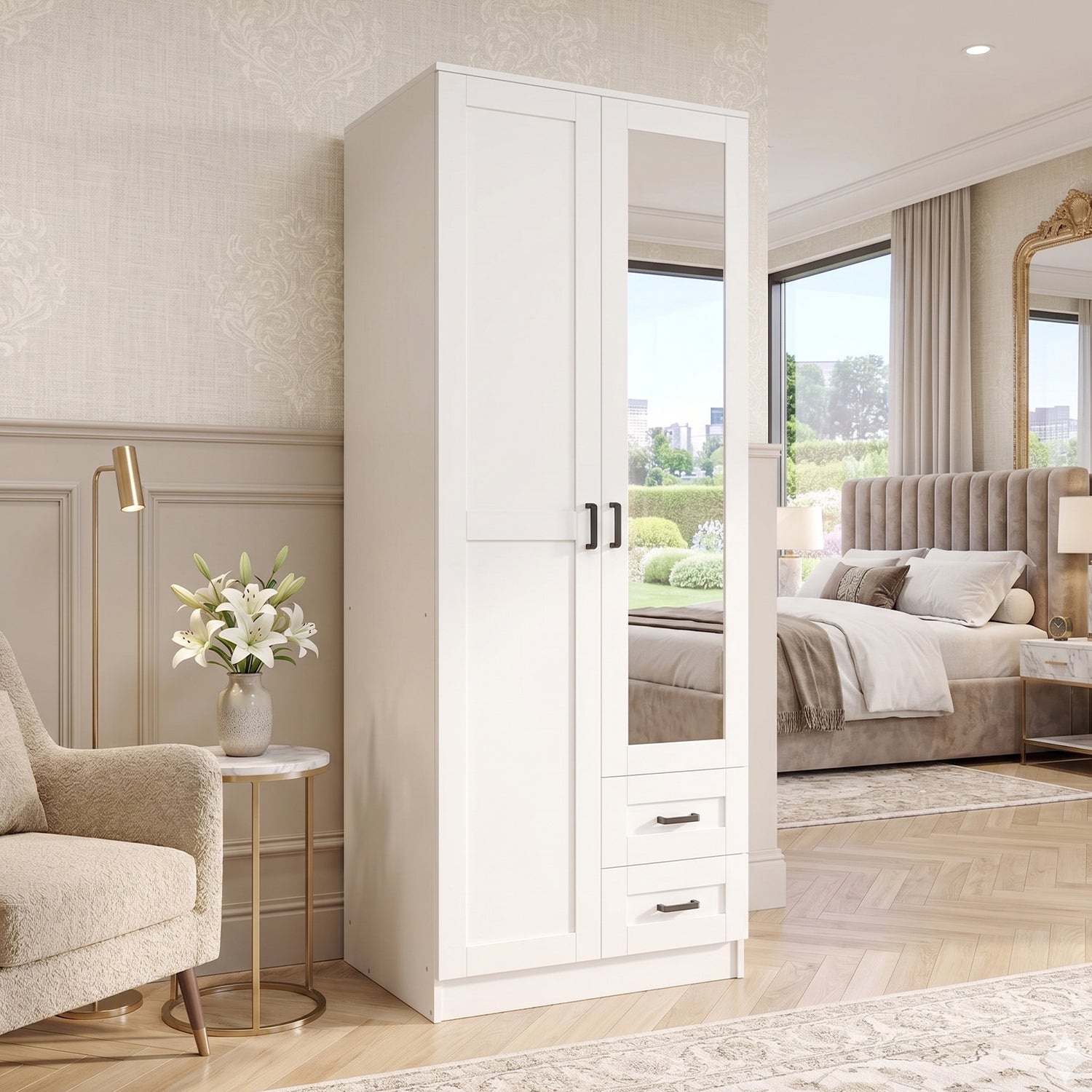 Lola 2 Door Shaker Style Mirrored Wardrobe with Drawers 80cm - White