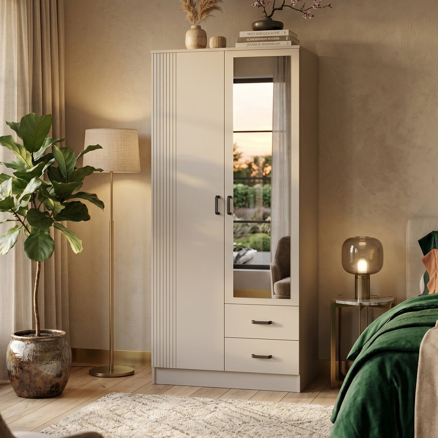 Suzanne 2 Door Fluted Design Mirrored Wardrobe with Drawers 80cm - Cashmere