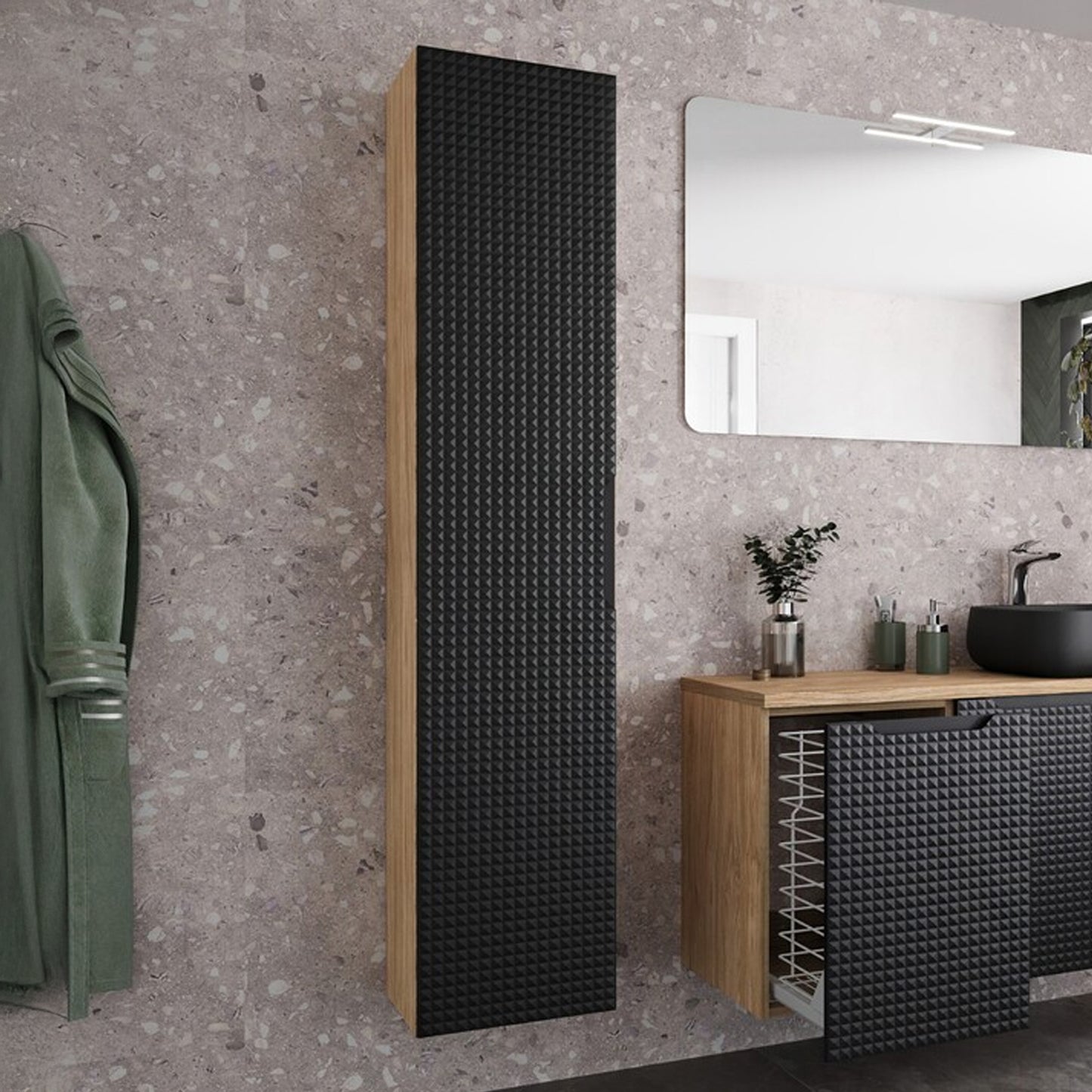 Luxor 3D Diamond Pattern 1 Door Tall Bathroom Cabinet - Oak / Black