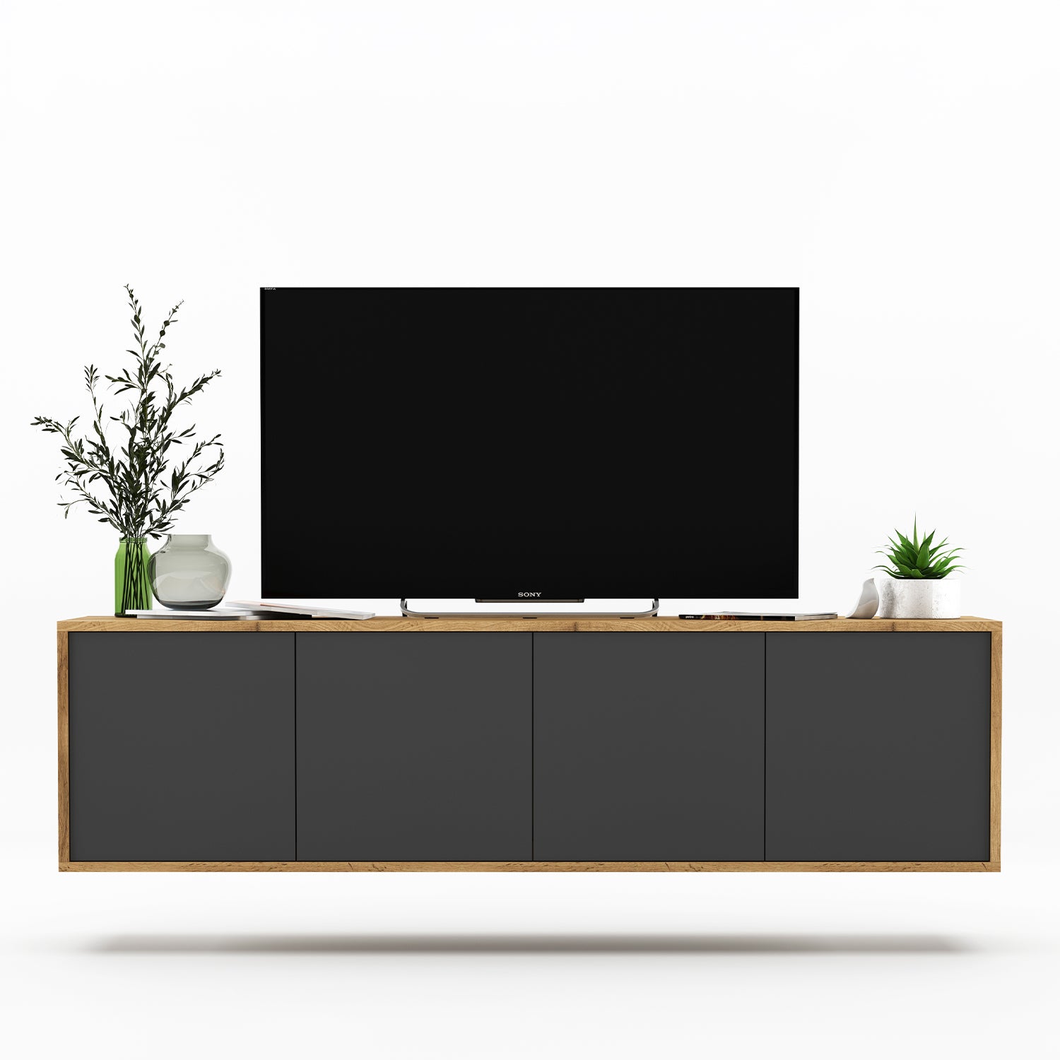 Apollo Modern Wall-Mounted TV Unit with 4 Door Design – Grey / Oak Wotan
