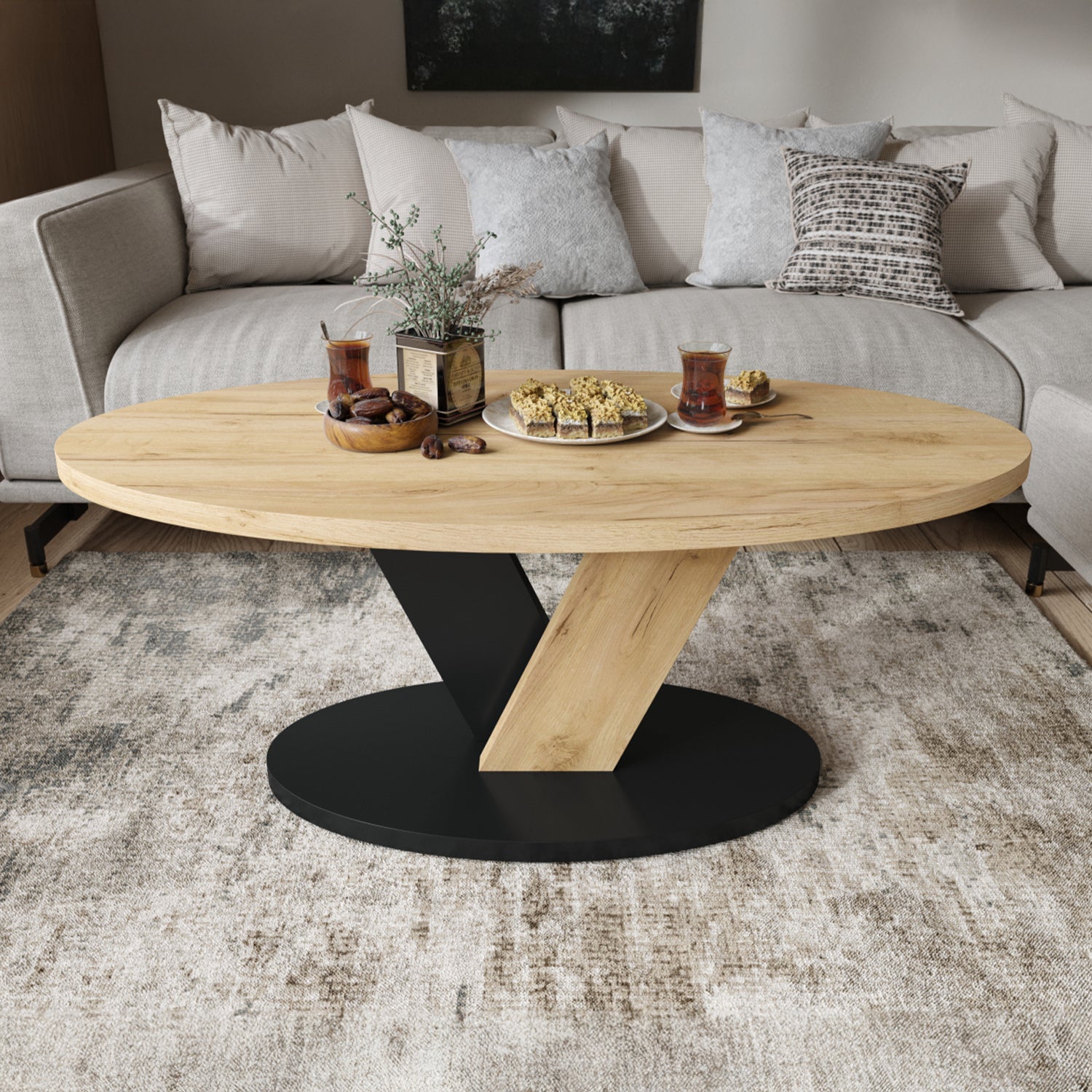 Lova Modern Coffee Table Oval Design - Gold Craft Oak / Black