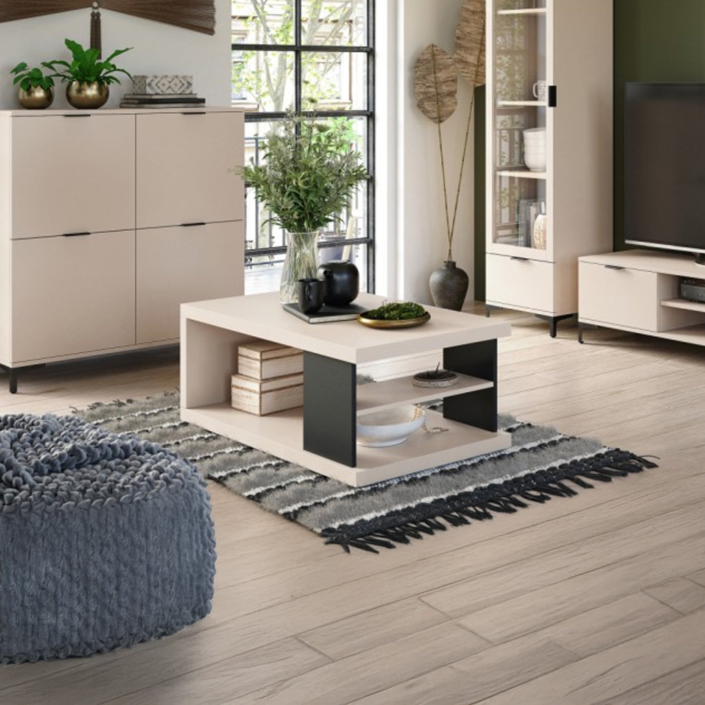Lana Modern Coffee Table with Open Storage Shelves – Beige