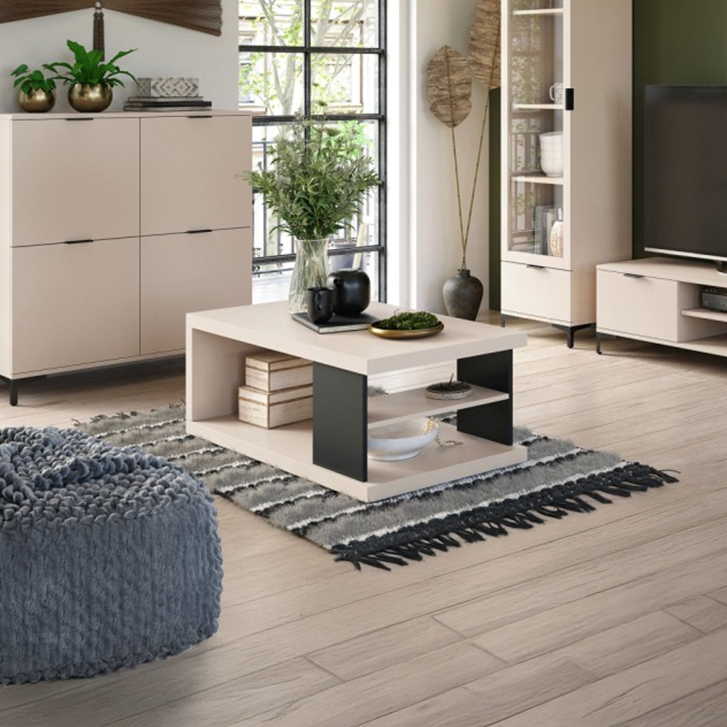 Lana Modern Coffee Table with Open Storage Shelves – Beige