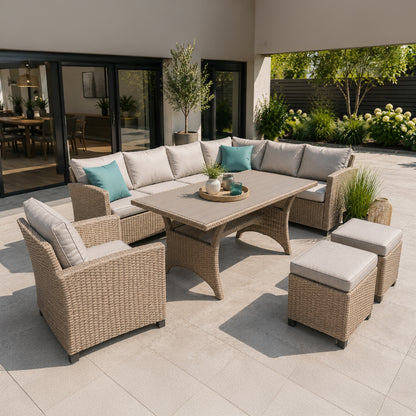 Barcelona Rattan Effect Outdoor Sofa Set with Table, Armchair and Two Cushioned Stools - Brown