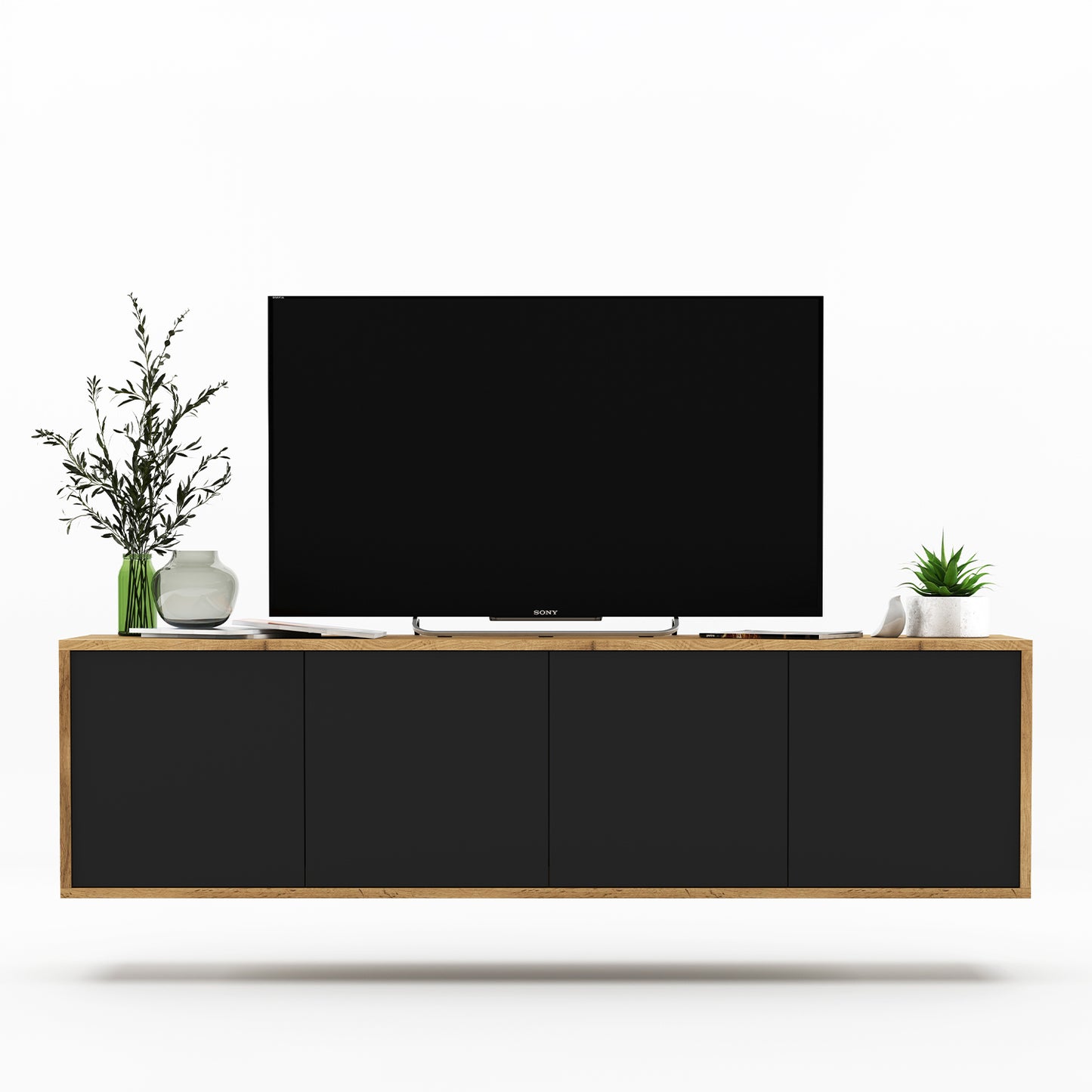 Apollo Modern Wall-Mounted TV Unit with 4 Door Design – Black / Oak Wotan