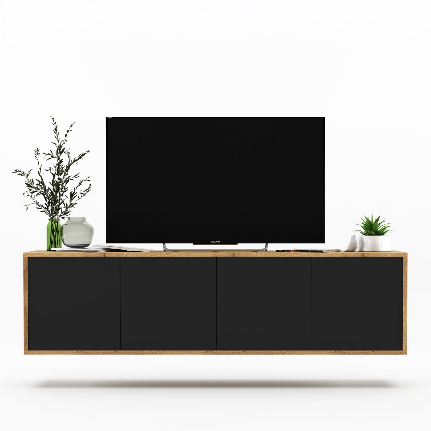 Apollo Modern Wall-Mounted TV Unit with 4 Door Design – Black / Oak Wotan