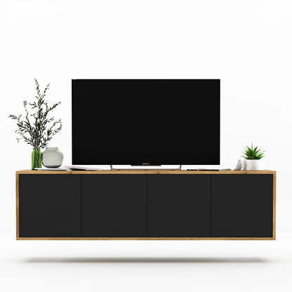 Apollo Modern Wall-Mounted TV Unit with 4 Door Design – Black / Oak Wotan
