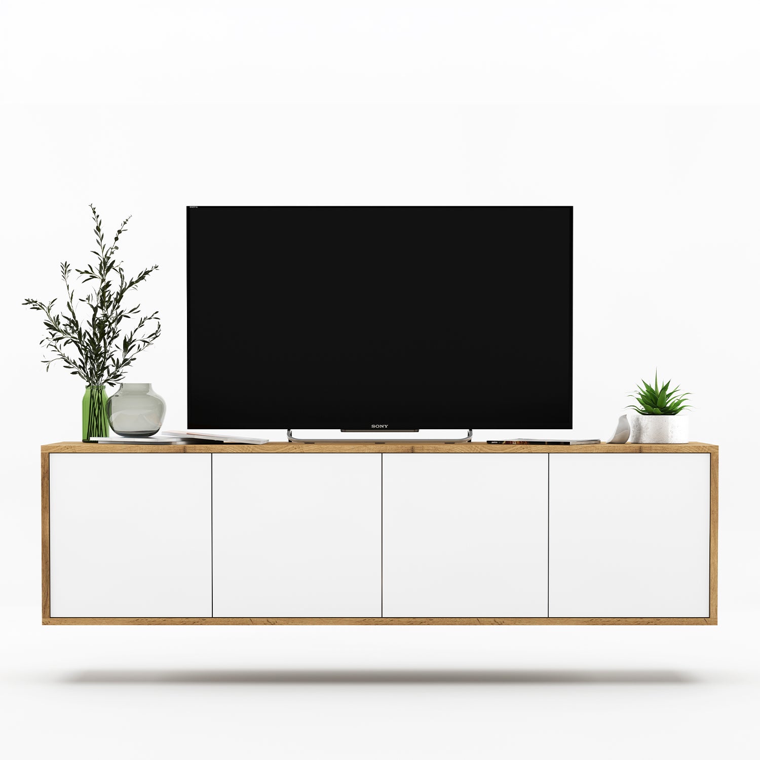 Apollo Modern Wall-Mounted TV Unit with 4 Door Design – White / Oak Wotan