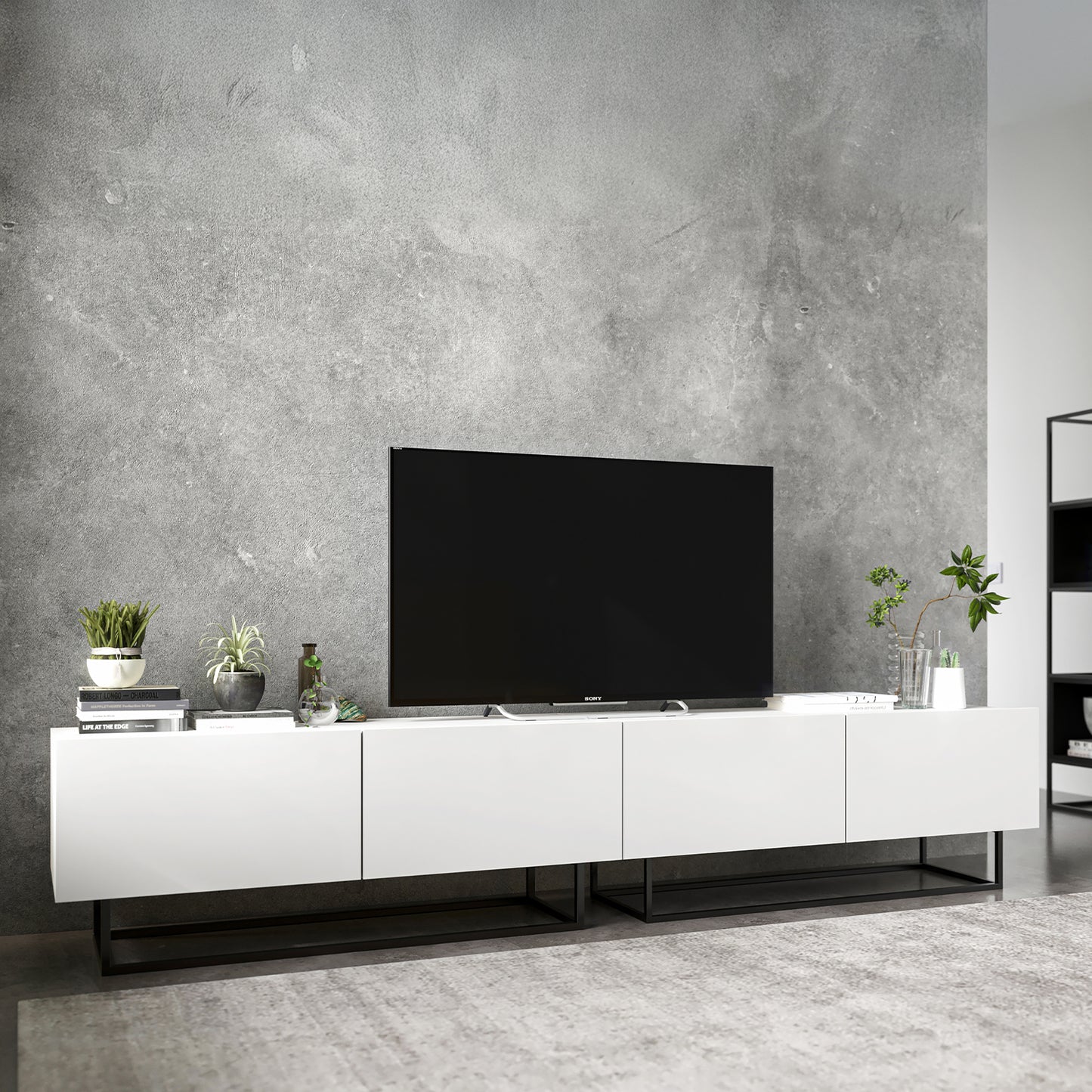 Enjoy Minimalist Wall-Mounted TV Unit – 4-Door Wide Design - White