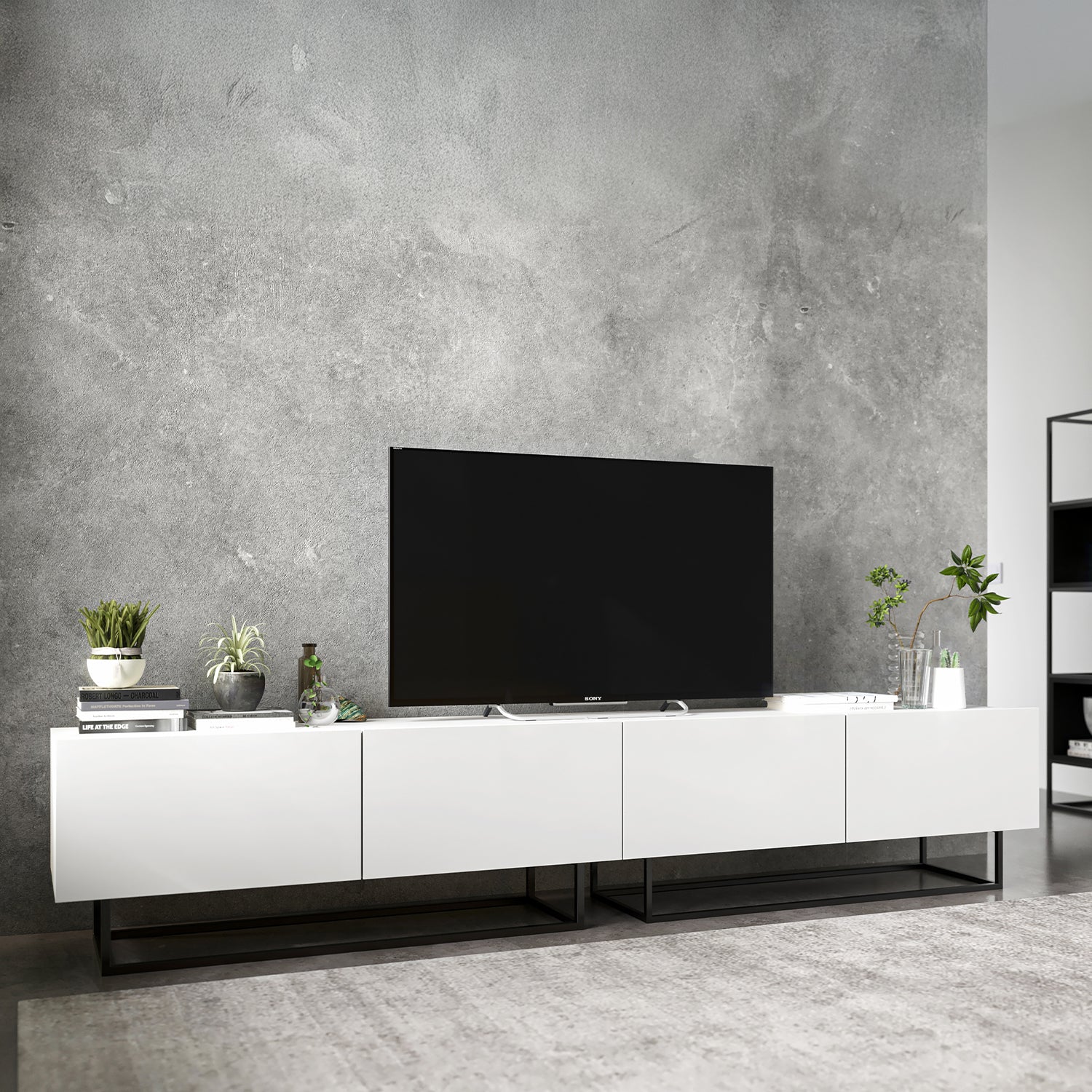 Enjoy Minimalist Wall-Mounted TV Unit – 4-Door Wide Design - White