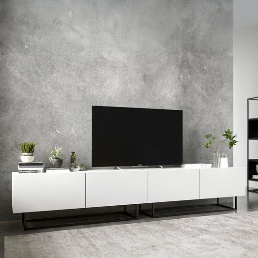 Enjoy Minimalist Freestanding TV Unit with Metal Base 4-Door Wide Design - White