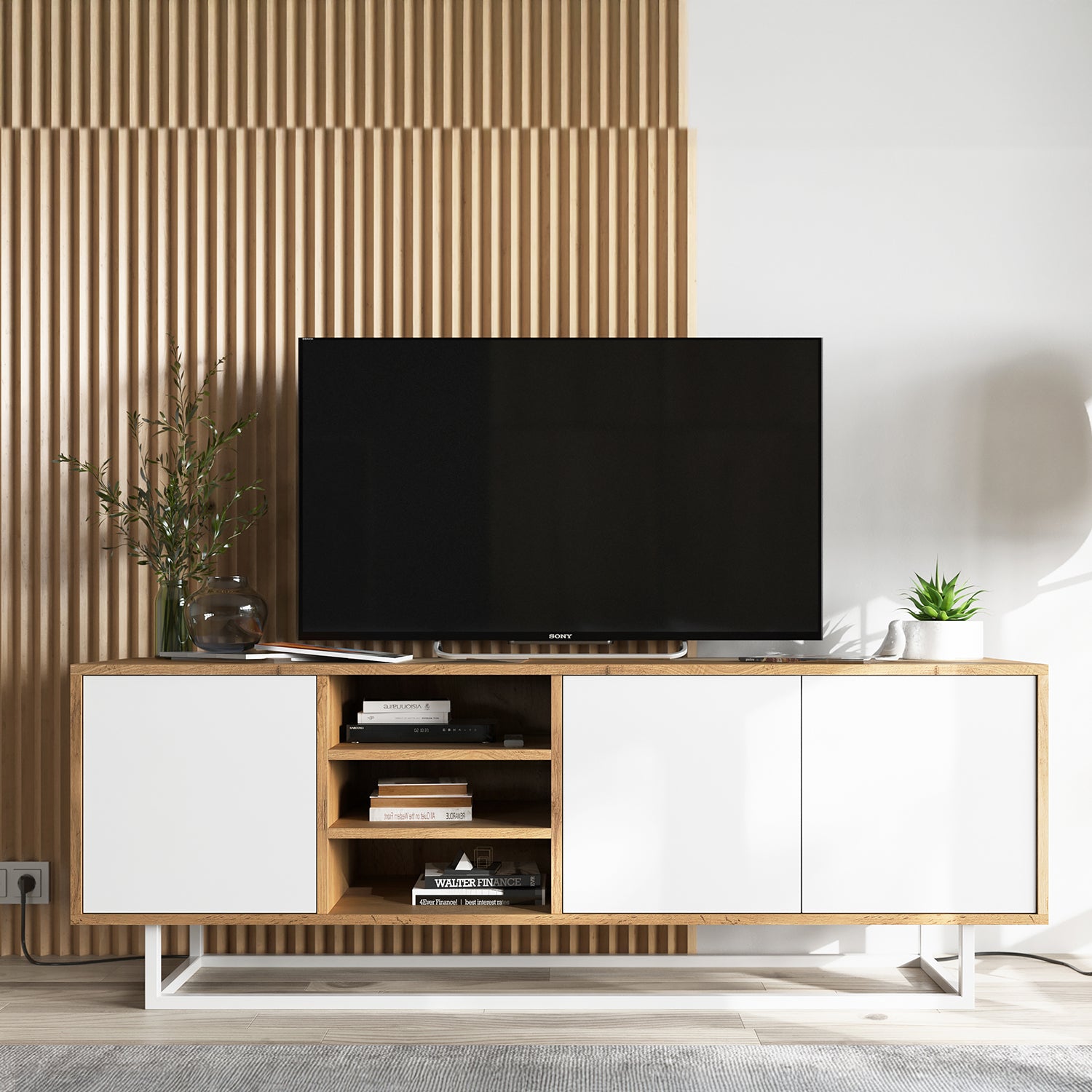 Apollo Modern TV Unit with Open Shelving and Metal Base – White / Oak Wotan