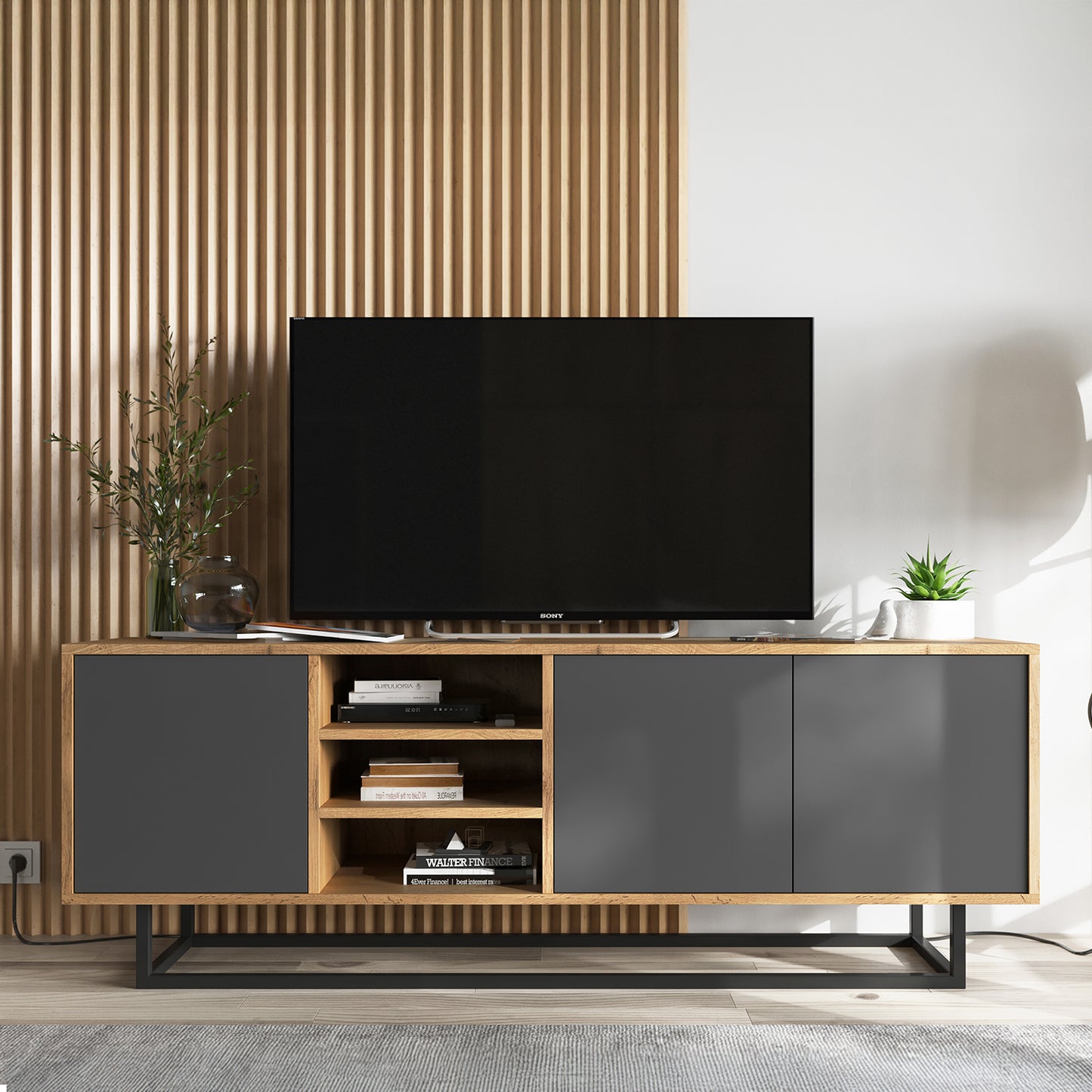 Apollo Modern TV Unit with Open Shelving and Metal Base – Grey / Oak Wotan