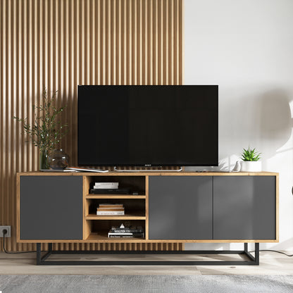 Apollo Modern TV Unit with Open Shelving and Metal Base – Grey / Oak Wotan