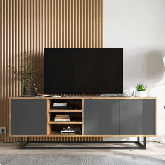 Apollo Modern TV Unit with Open Shelving and Metal Base – Grey / Oak Wotan