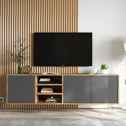 Apollo Modern Wall-Mounted TV Unit with Open Shelving – Grey / Oak Wotan