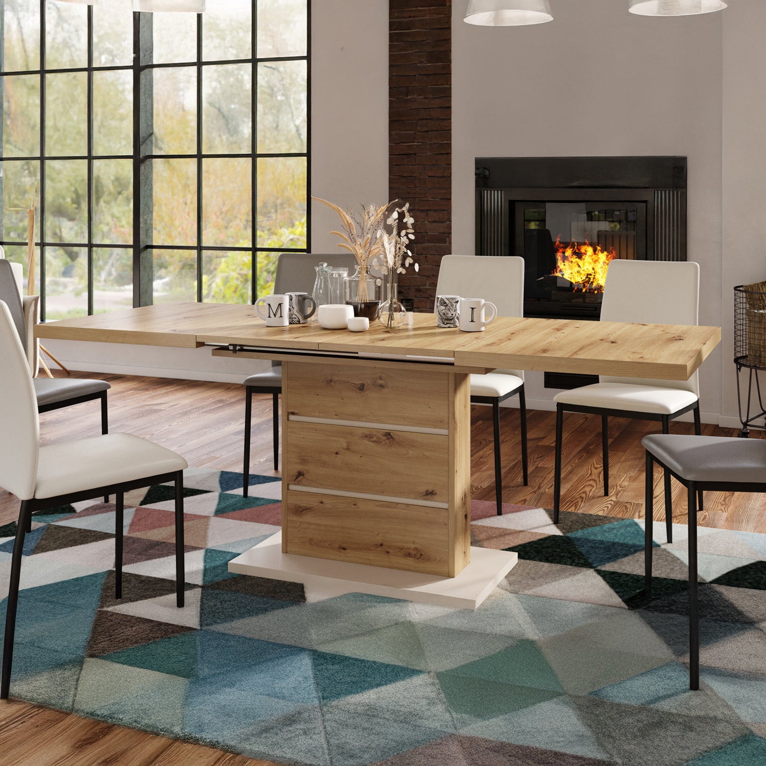 Piano Extendable Dining Table Modern Design - Artisan Oak / Beige