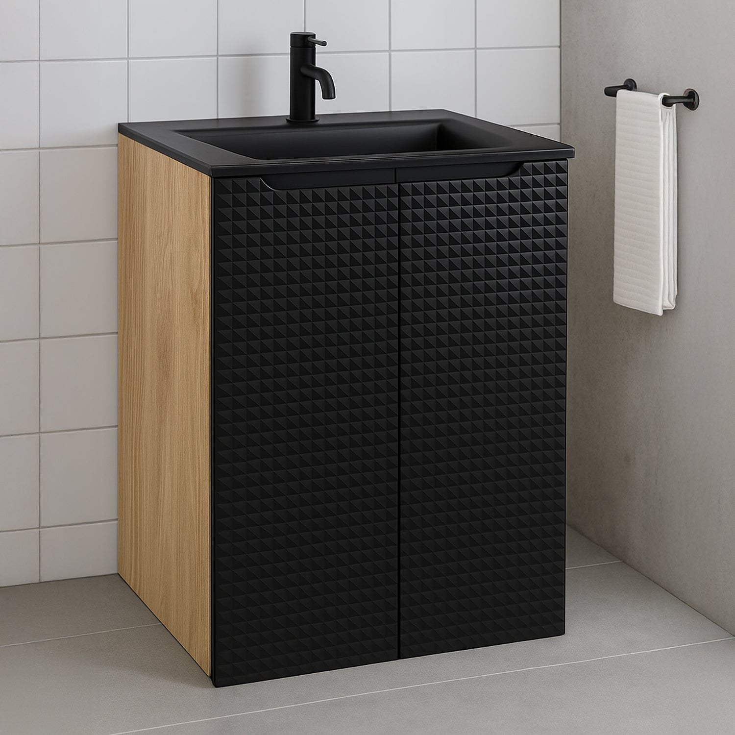 Luxor 3D Diamond Pattern 2 Door Bathroom Vanity Cabinet with Built-In 60cm - Oak / Black
