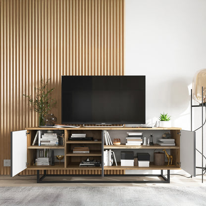 Apollo Modern TV Unit with Open Shelving and Metal Base – White / Oak Wotan