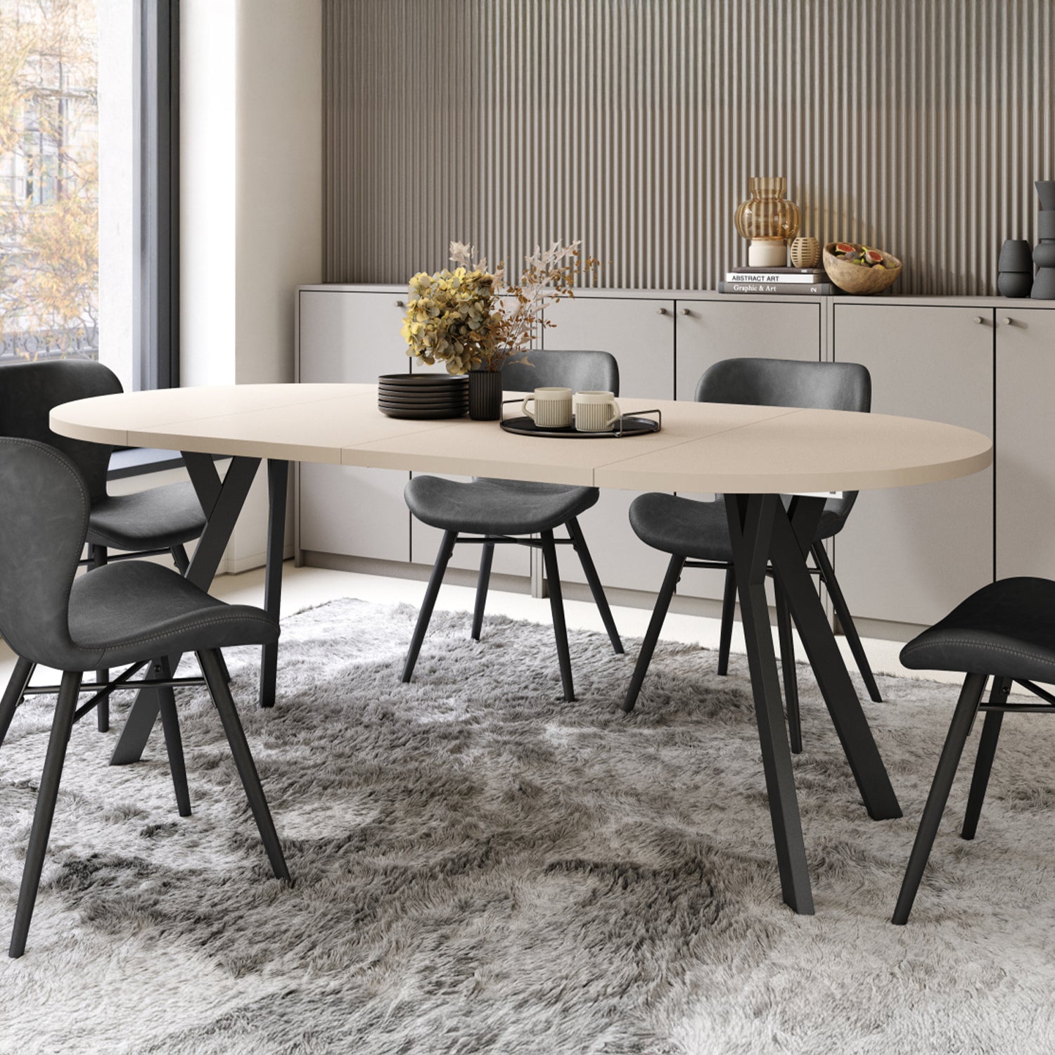 Aldo Modern Round to Oval Extendable Table – Beige / Black