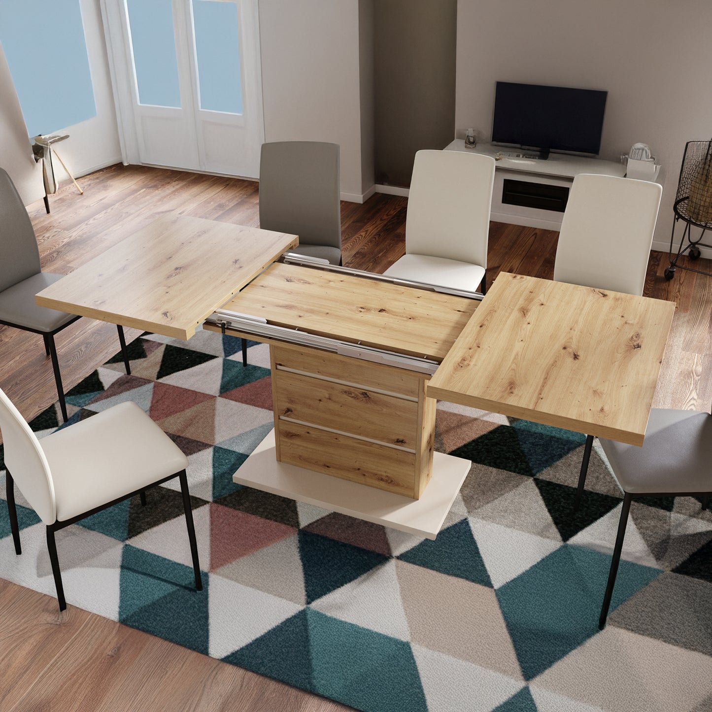 Piano Extendable Dining Table Modern Design - Artisan Oak / Beige