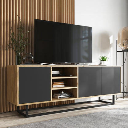Apollo Modern TV Unit with Open Shelving and Metal Base – Grey / Oak Wotan