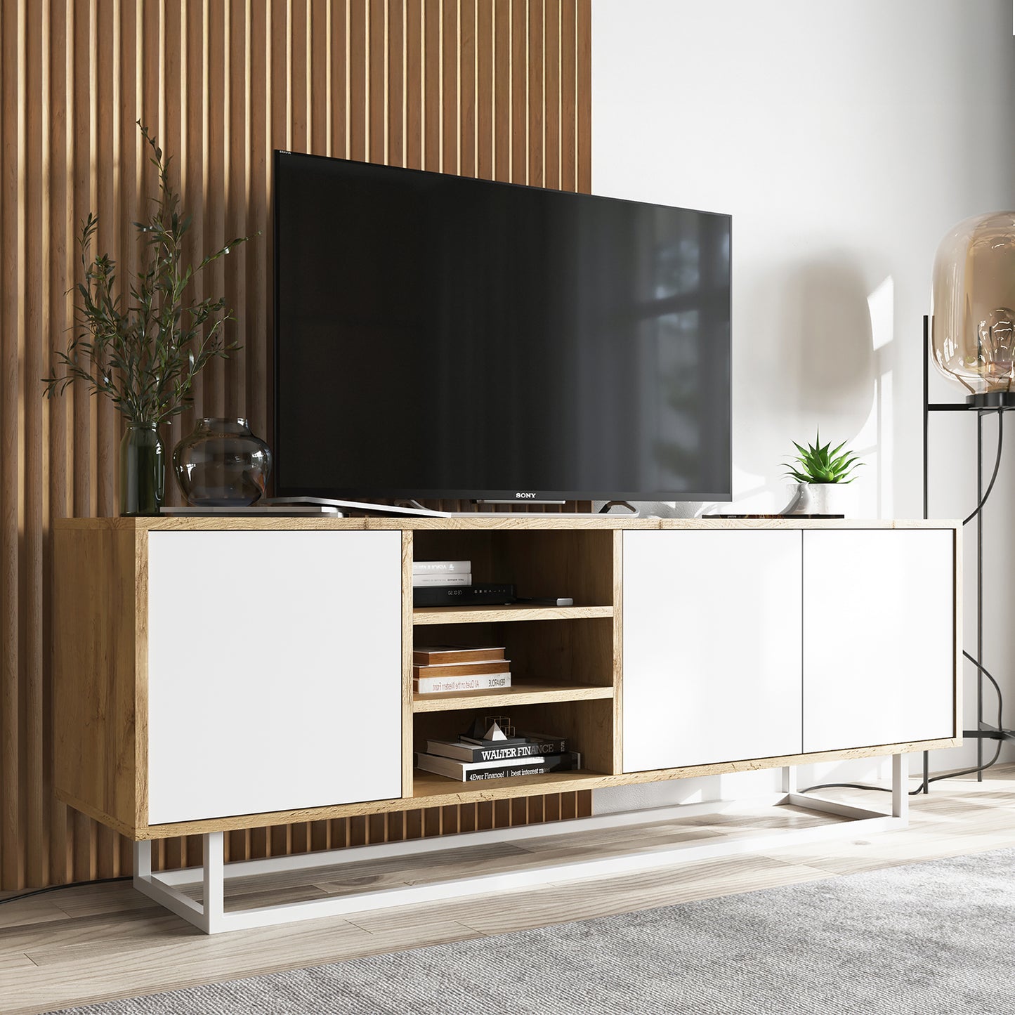 Apollo Modern TV Unit with Open Shelving and Metal Base – White / Oak Wotan