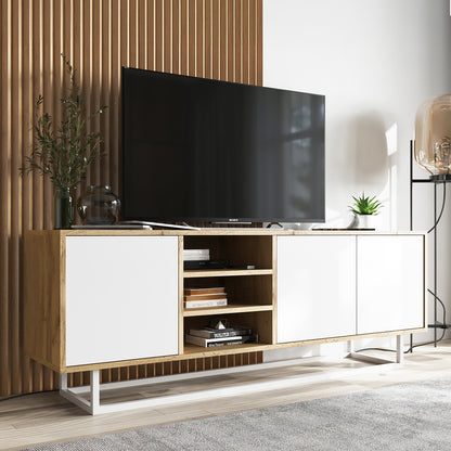 Apollo Modern TV Unit with Open Shelving and Metal Base – White / Oak Wotan