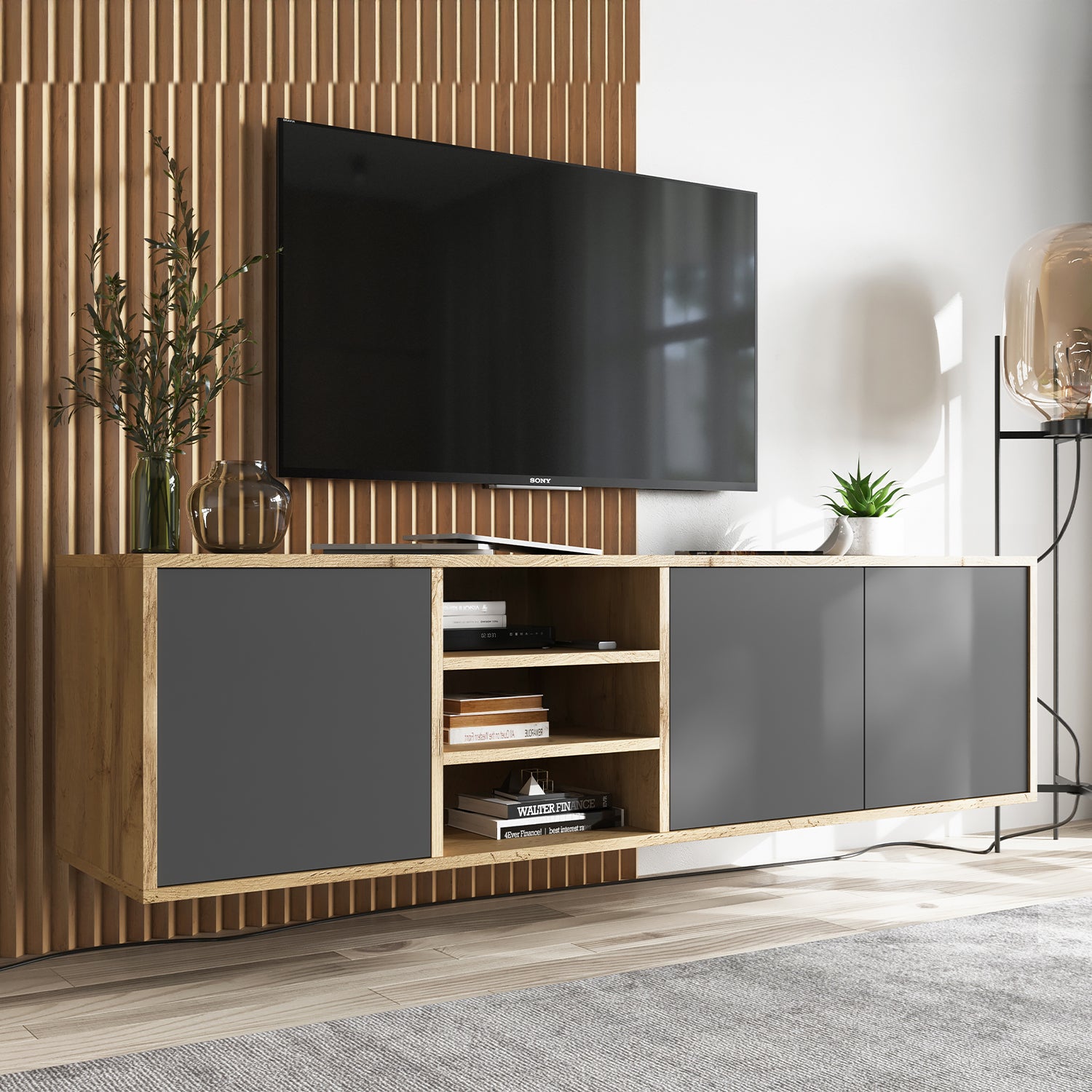 Apollo Modern Wall-Mounted TV Unit with Open Shelving – Grey / Oak Wotan