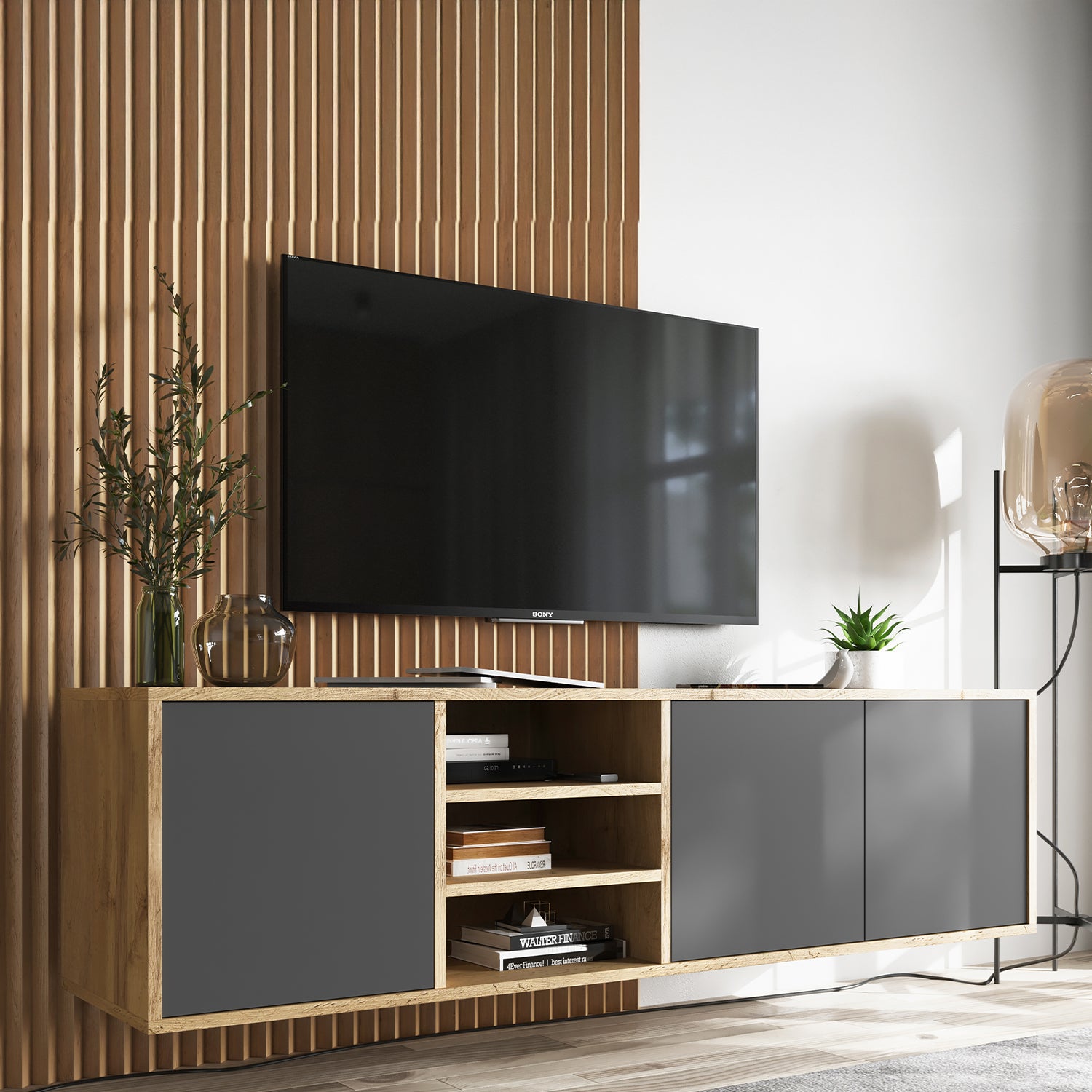Apollo Modern Wall-Mounted TV Unit with Open Shelving – Grey / Oak Wotan