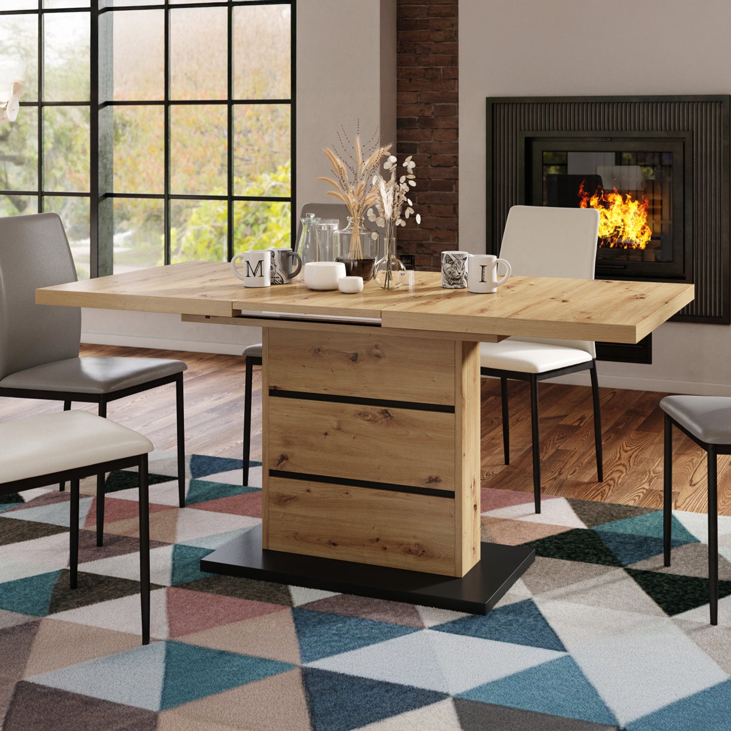 Piano Extendable Dining Table Modern Design - Artisan Oak / Black