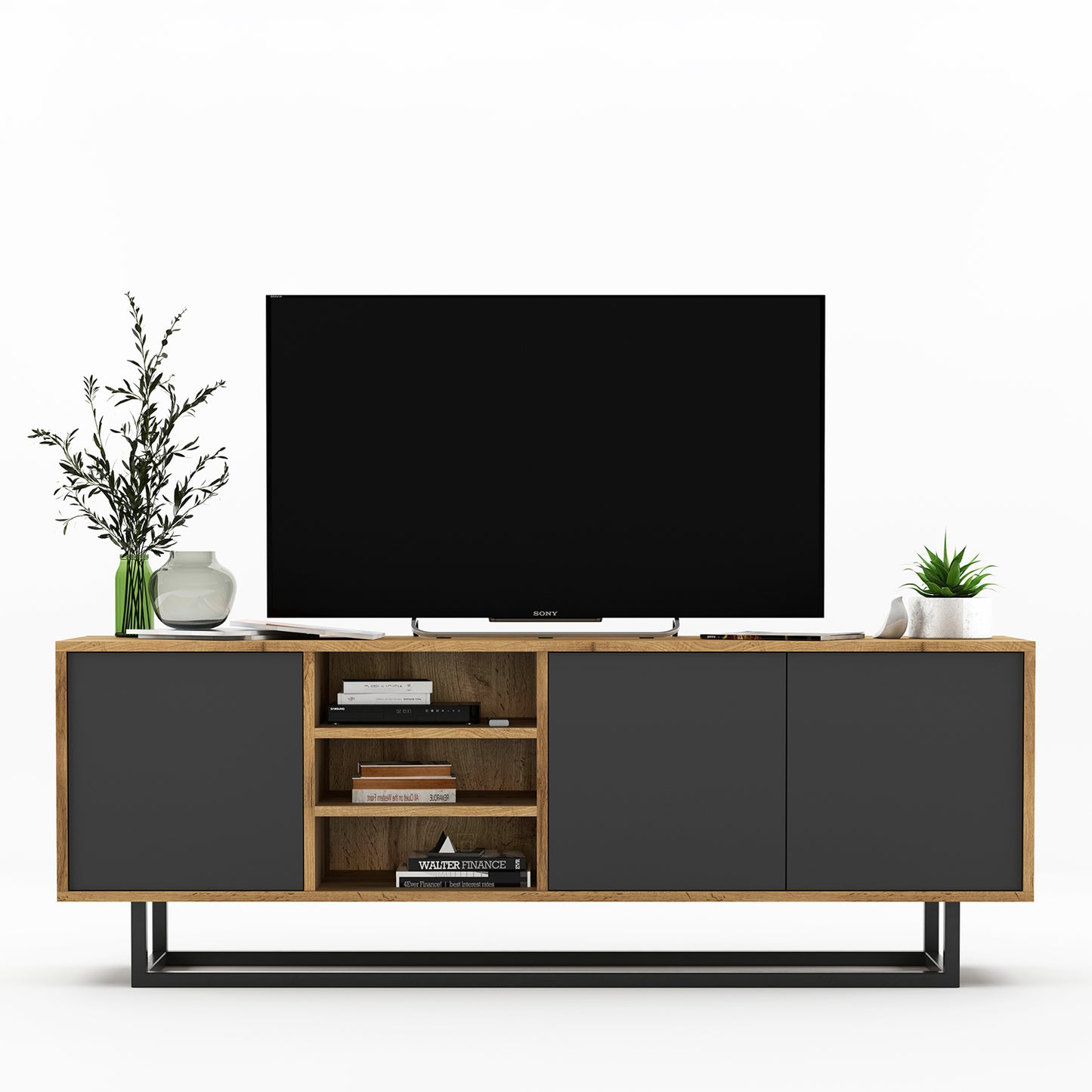 Apollo Modern TV Unit with Open Shelving and Metal Base – Grey / Oak Wotan