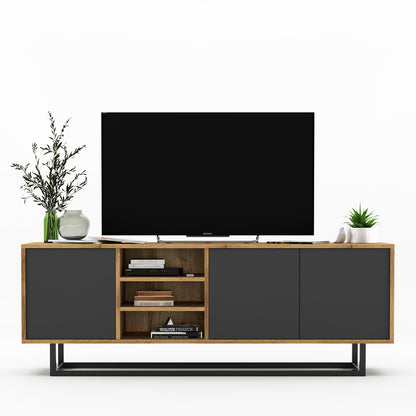 Apollo Modern TV Unit with Open Shelving and Metal Base – Grey / Oak Wotan
