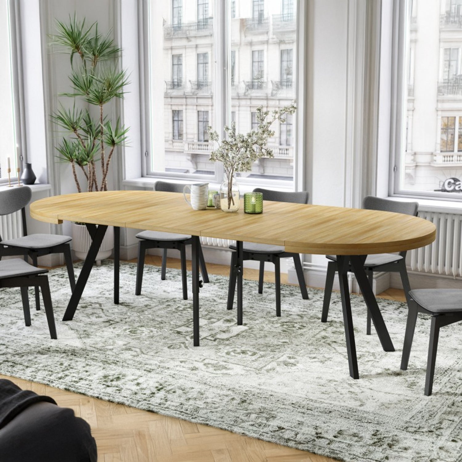 Expanso Round Extendable Dining Table with Y-Legs Loft - American Oak / Black