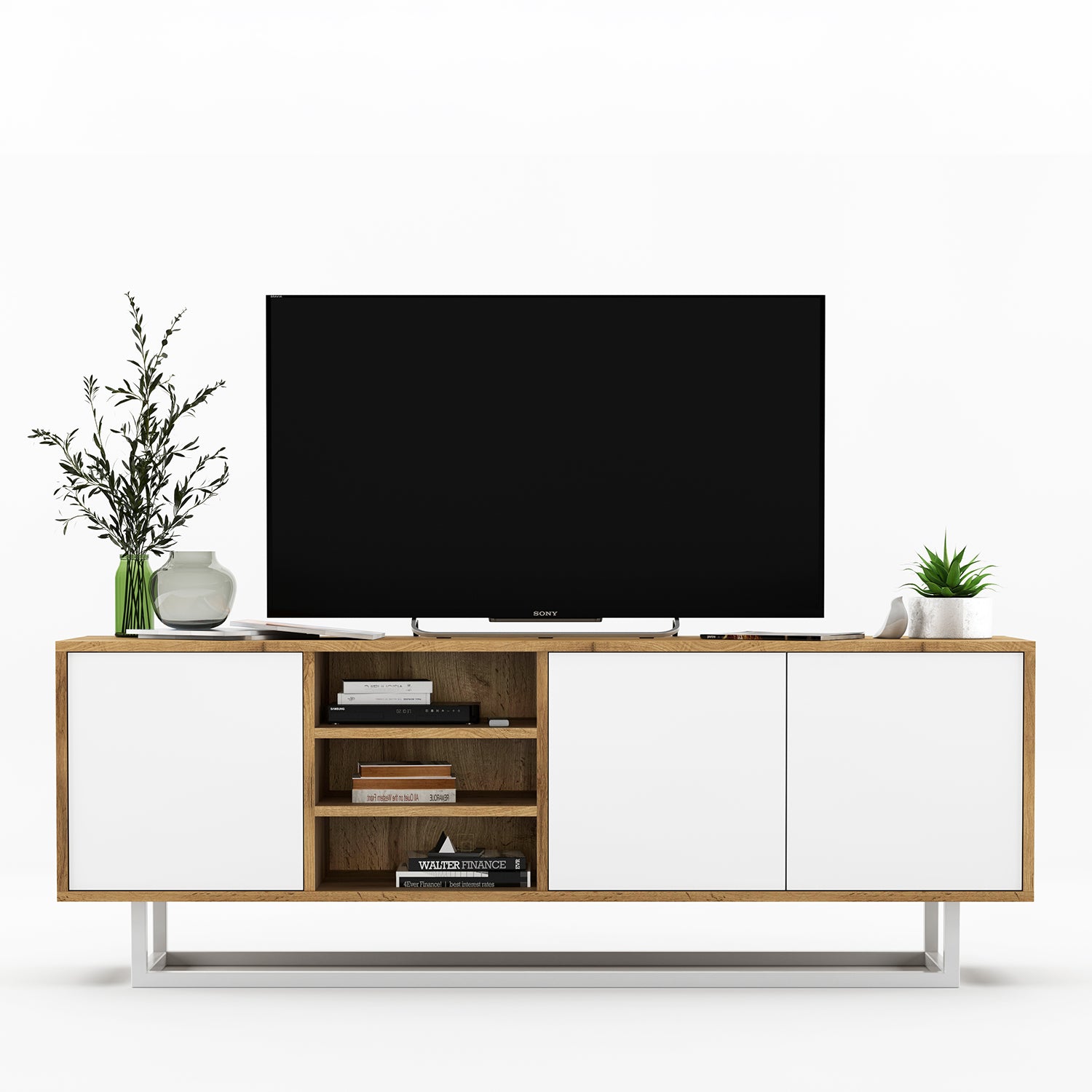 Apollo Modern TV Unit with Open Shelving and Metal Base – White / Oak Wotan