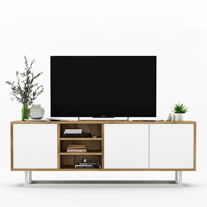 Apollo Modern TV Unit with Open Shelving and Metal Base – White / Oak Wotan