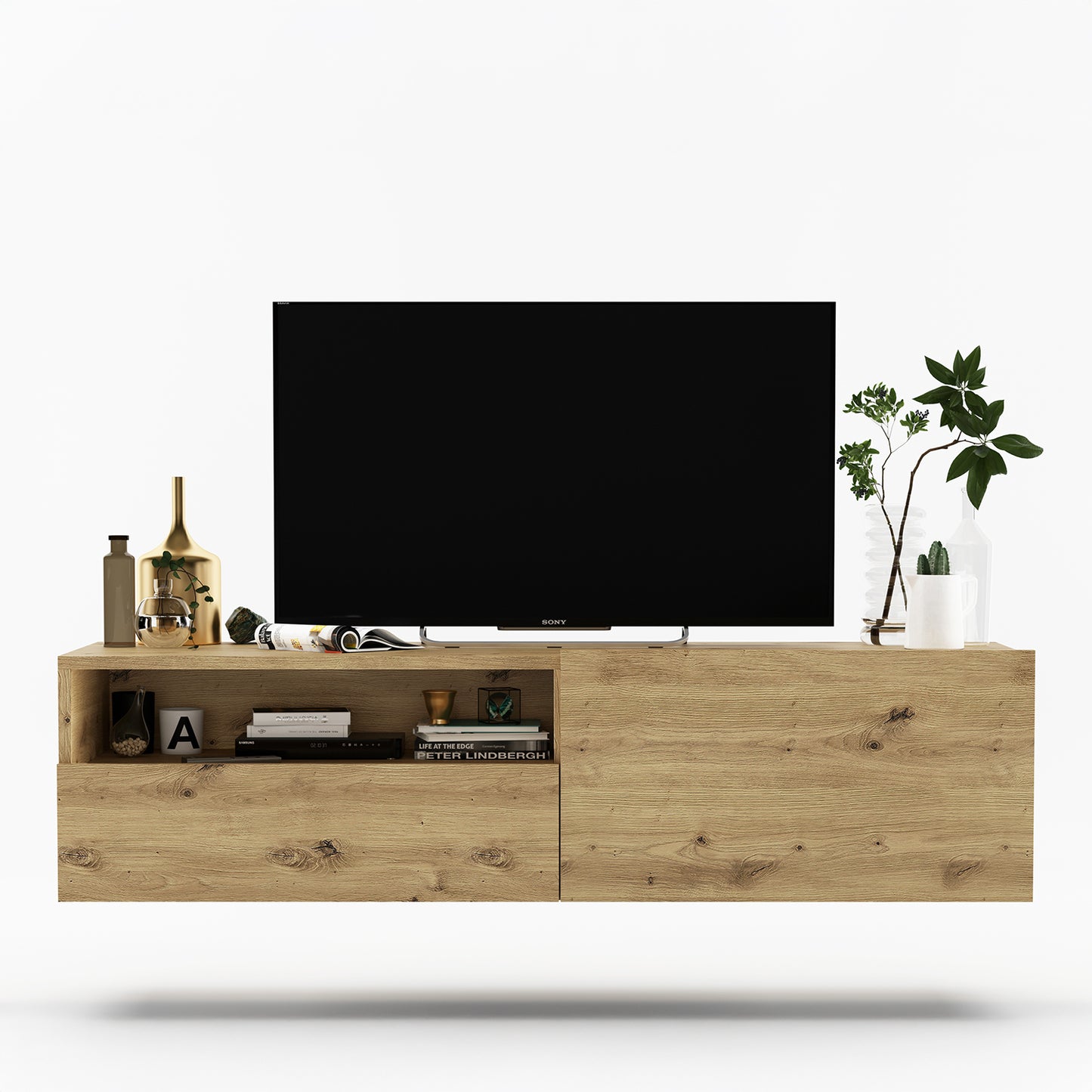 Enjoy Minimalist Wall-Mounted TV Unit with Open Shelf - Oak Artisan