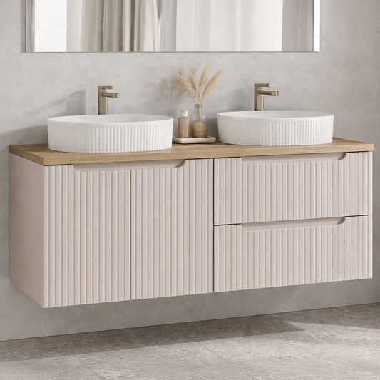 Noca Bathroom Cabinet with Drawers, Doors , Oak Worktop and Basins - Cashmere