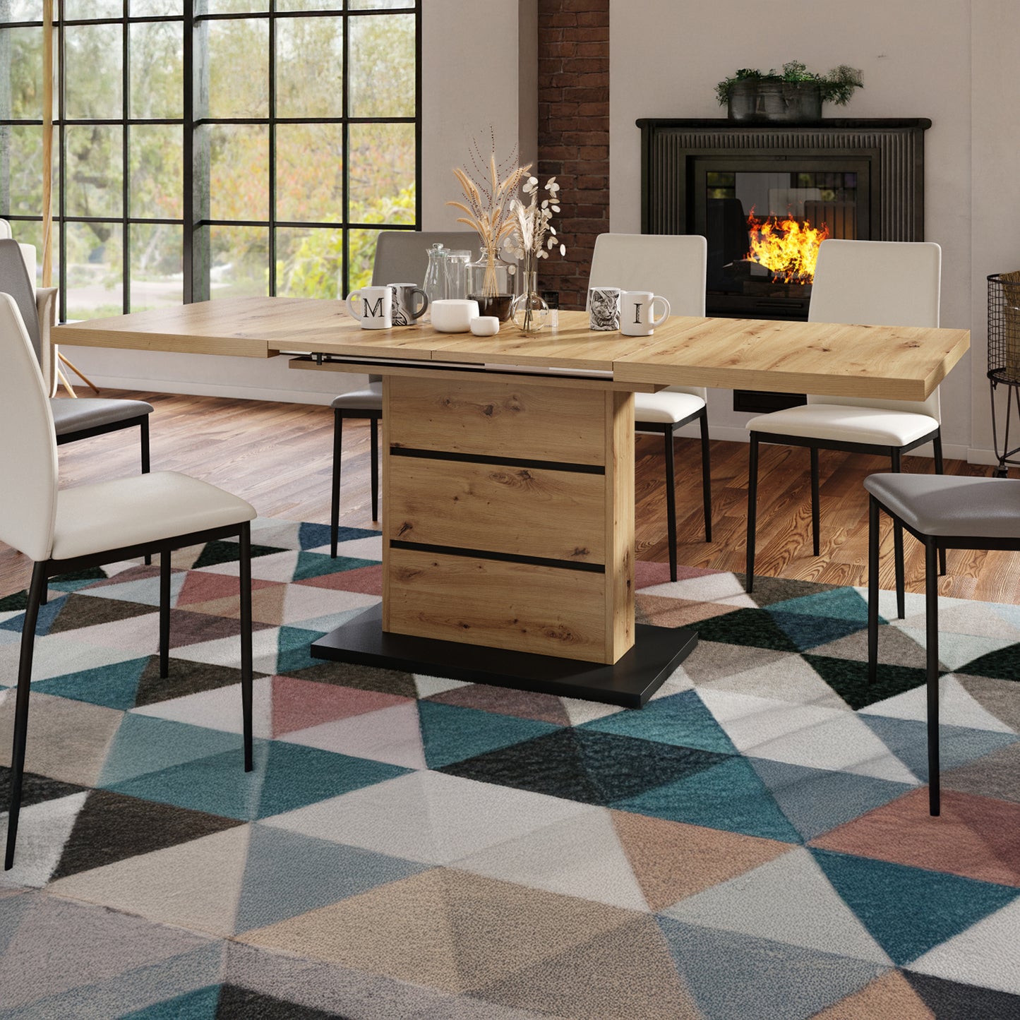 Piano Extendable Dining Table Modern Design - Artisan Oak / Black