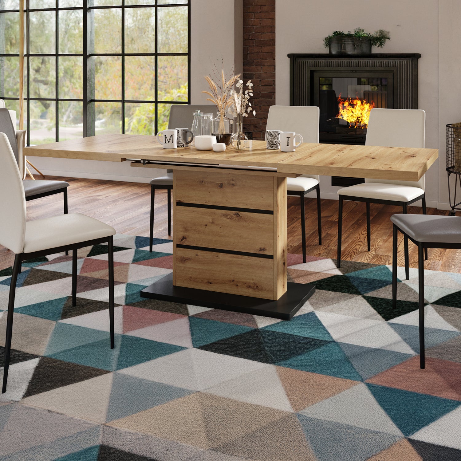 Piano Extendable Dining Table Modern Design - Artisan Oak / Black