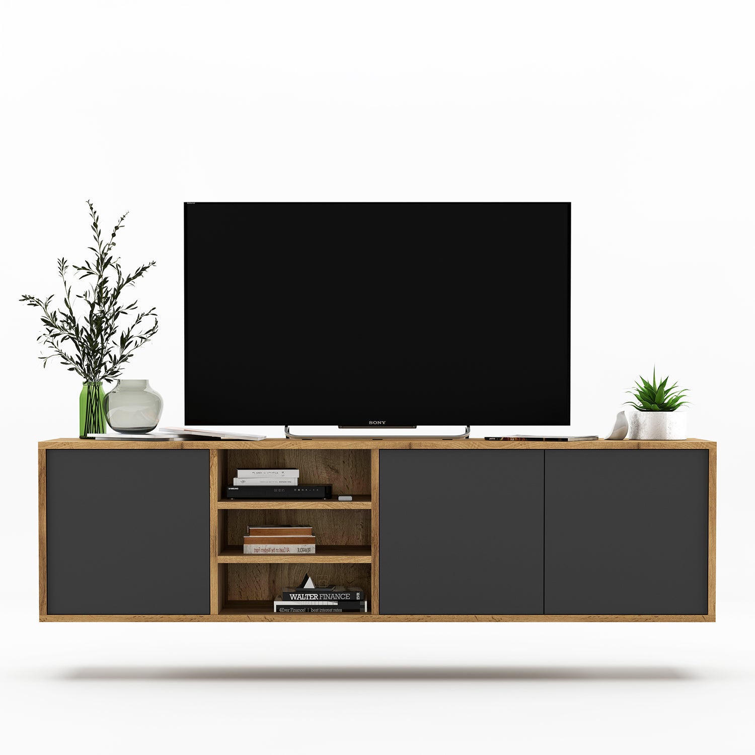 Apollo Modern Wall-Mounted TV Unit with Open Shelving – Grey / Oak Wotan