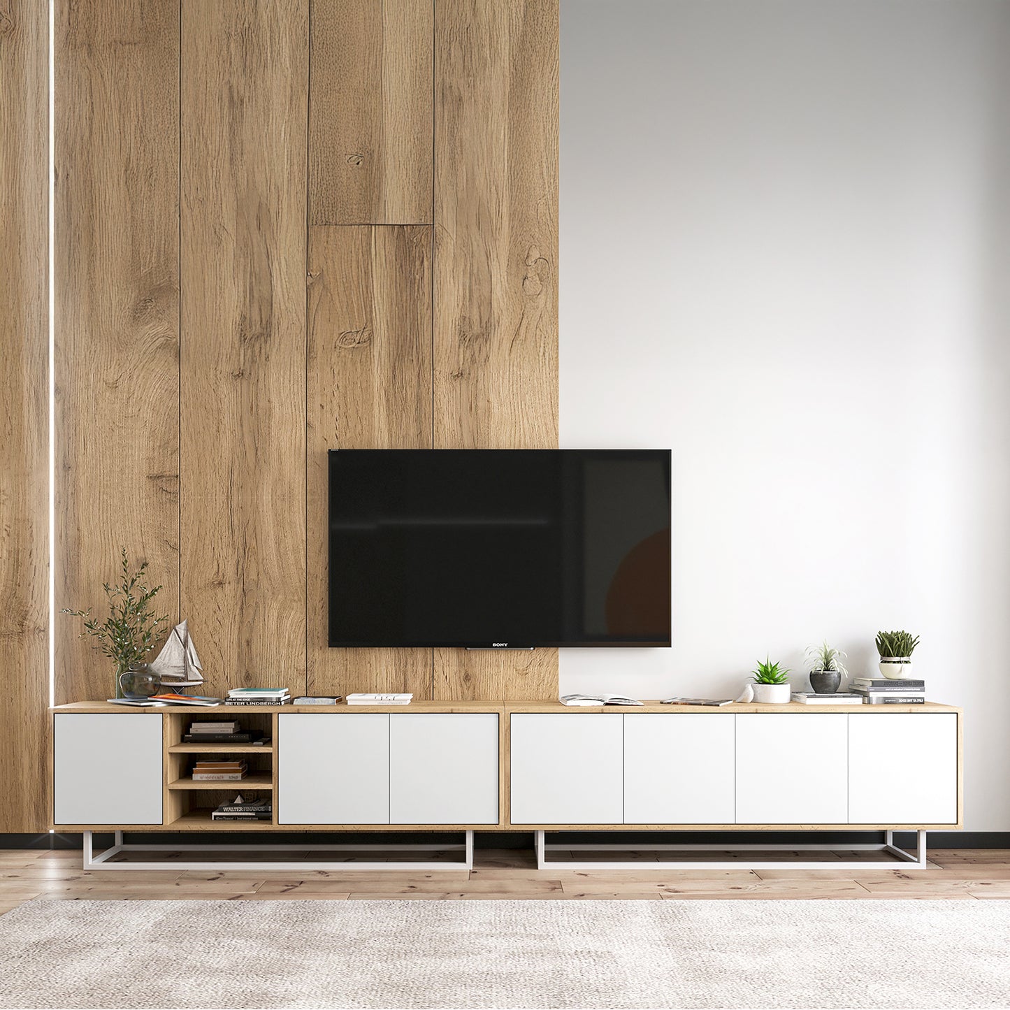 Apollo Modern TV Unit with Open Shelving and Metal Base – White / Oak Wotan