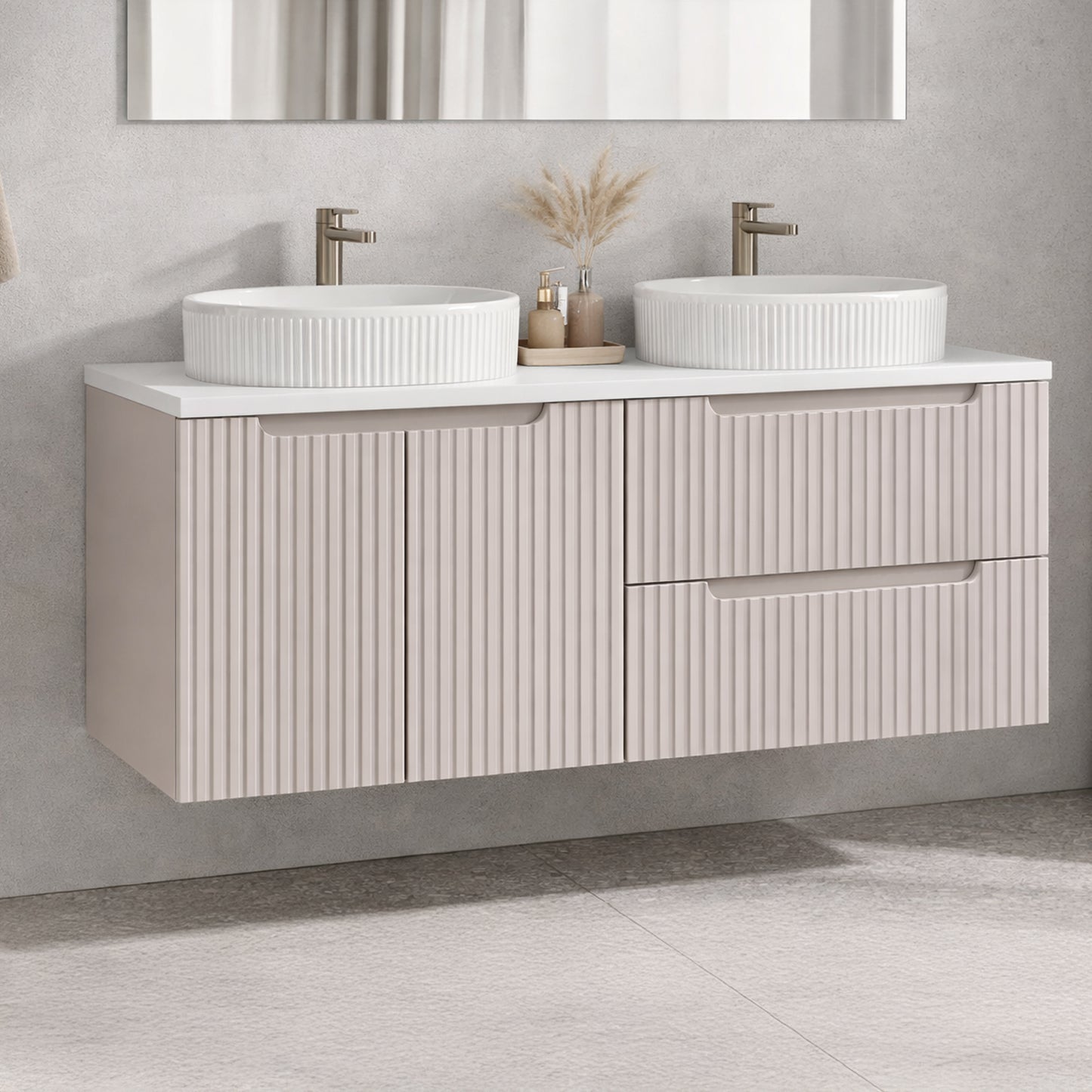 Noca Bathroom Cabinet with Drawers, Doors , White Worktop and Basins - Cashmere